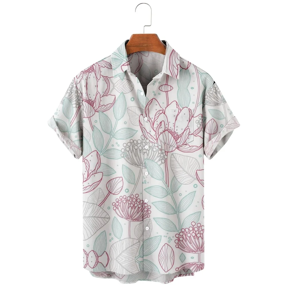 

2022 new men's casual breathable short sleeve top fashion Lapel men's shirt Hawaii with beach Lotus flower