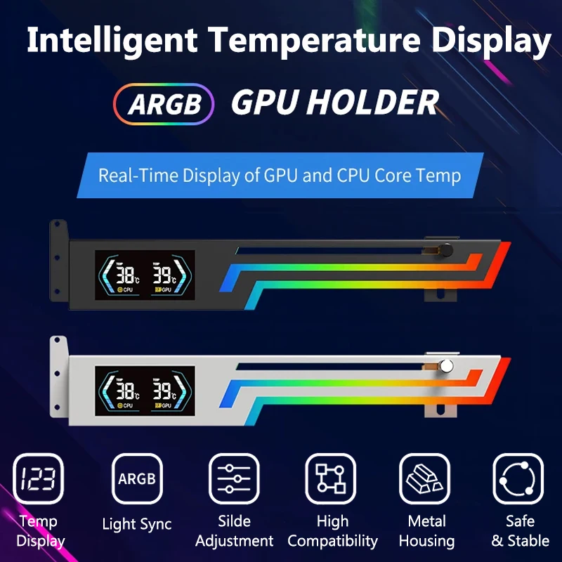 

Z-X6 Temperature Display Graphics Card Bracket 5V 3PIN ARGB AURA SYNC Graphics Card Holder Metal Case Height Adjustable