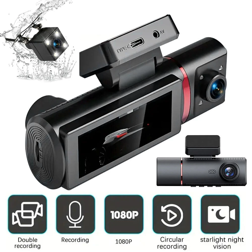1080P Dash Cam, Three Channels for Front, Rear, Inside Views, Night Vision, Loop Recording, Wide Angle Car DVR, Free 64G Card