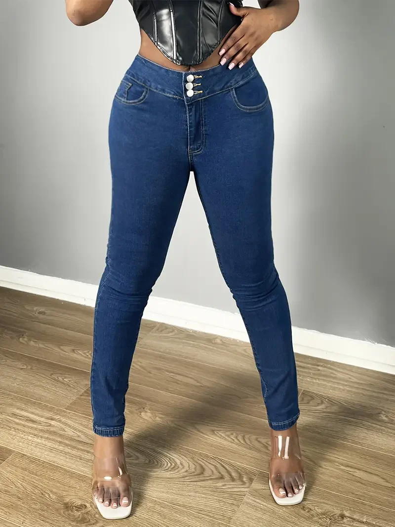 Women Skinny Stretchy Jeans Pocket Zipper Button Open Jeans Denim Pants