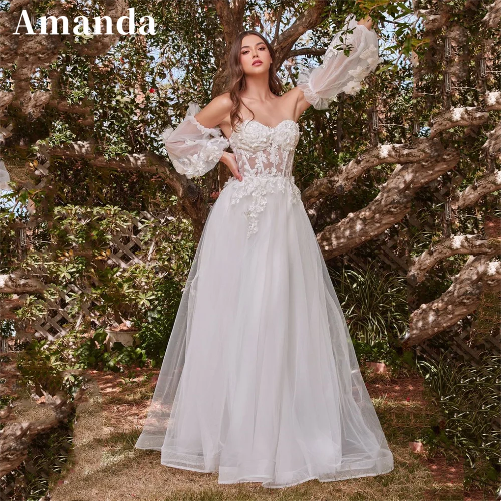 

Amanda Luxury 3D Flower A-line Vestidos De Noche White Puffy Sleeve فساتين مناسبة رسمية Romantic Tulle Prom Dress 2023