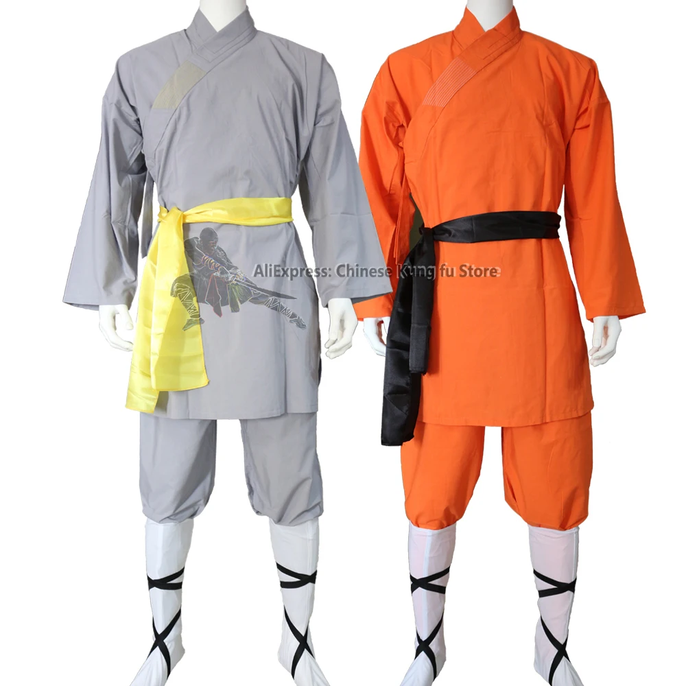 

Gray Orange Cotton Shaolin Kung fu Suit Warrior Monk Martial arts Uniform Zen Meditation Robe Sets