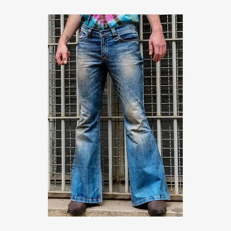 

Men's Retro Hong Kong Sle Bell Bot Jeans Elastic Casual Long Pants mid Waist Jeans Vintage Look Men's Denim Trousers