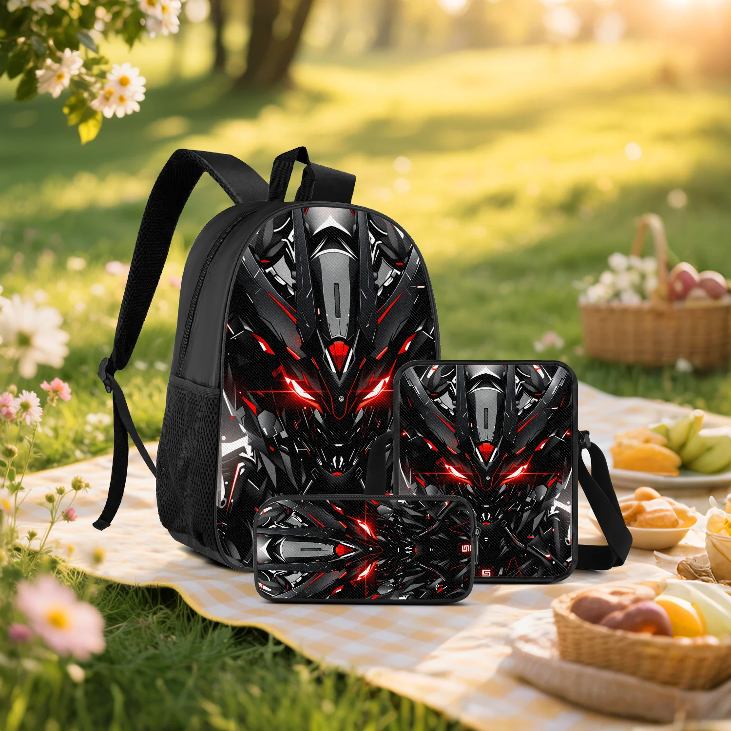 Black Red Glowing Mecha 3-Piece Backpack Set with Crossbody Bag Pencil Case for School Travel Daily Use