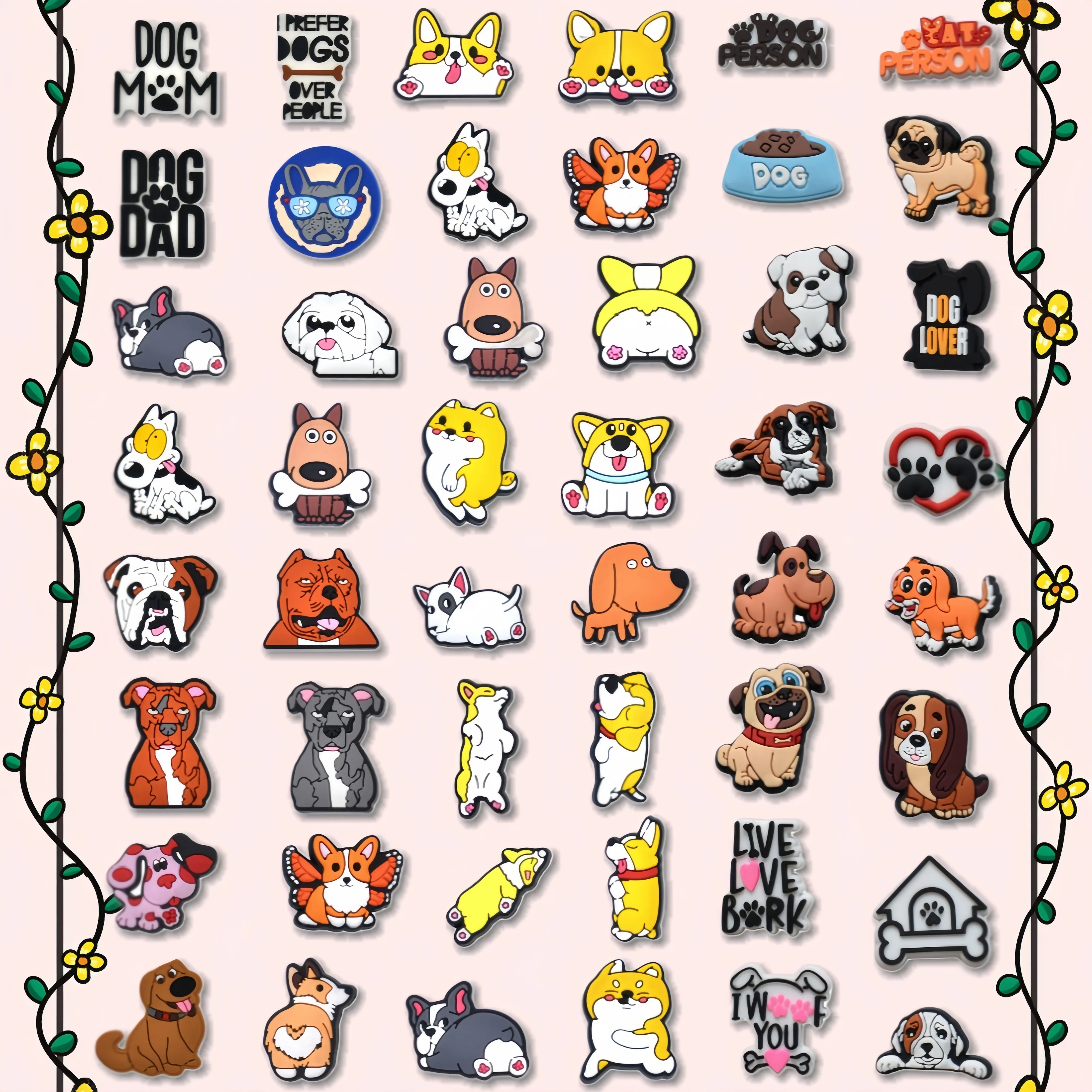 48Pcs Dog Shoe Charms,Cute Animal Dog Pet Shoe Charms Pack For Shoe Wristband Sandals, PVC Shoe Charm for Party Favor Gifts