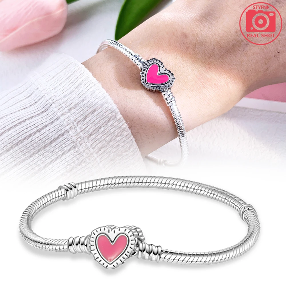 925 Sterling Silver Bracelet Moments Sparkling Heart Clasp Snake Chain Bracelet for Women DIY Charms Beads Jewelry Gifts