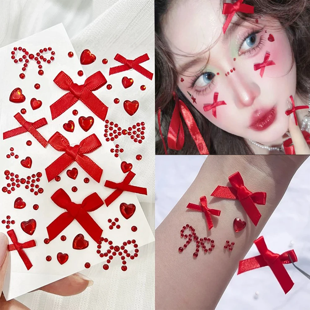 

3D красное сердце, драгоценные камни, лента, бант, наклейки для лица, бант, хрустальные наклейки, макияж для лица, украшение для рождественской вечеринки, временная татуировка