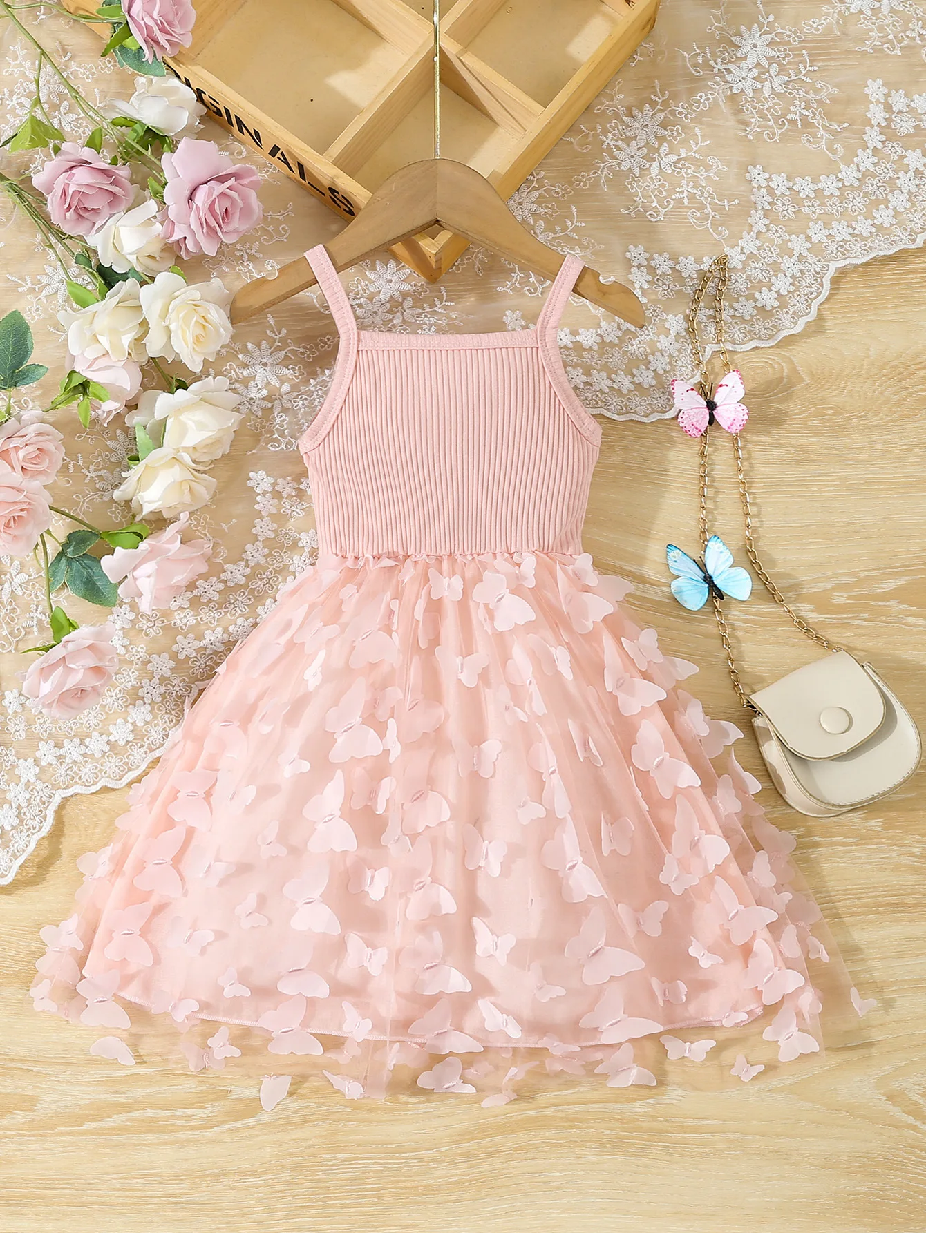 Summer Toddler Kids Girl's Clothes Baby's Butterfly Decor Mesh Splicing Cami Dress Elegant Sleeveless Princess Dress