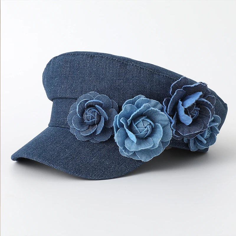 

Fashion Washed Denim Cap 3D Floral Military Cap Trendy Women's Hand-Embroidered Minimalist Outdoor Flat-Top Newsboy Cap