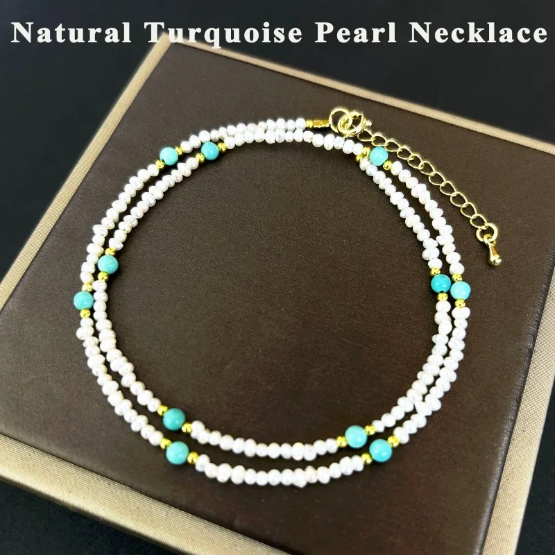 

Natural Turquoise Pearl Necklace Round Beads Women's Handmade Simple Fashion Charm Locking Bone Chain Elegant Jewelry Gifts