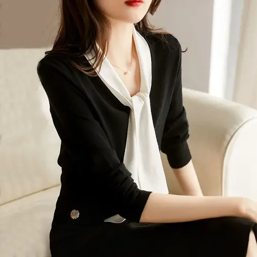 우아한 V넥 스플라이싱 루즈 레이스업 블라우스, 오버사이즈 캐주얼 풀오버, 올매치 오피스 레이디 셔츠, 2022 가을 여성복 Best5 우아한 V넥 스플라이싱 루즈 레이스업 블라우스, 오버사이즈 캐주얼 풀오버, 올매치 오피스 레이디 셔츠, 2022 가을 여성복 Best5