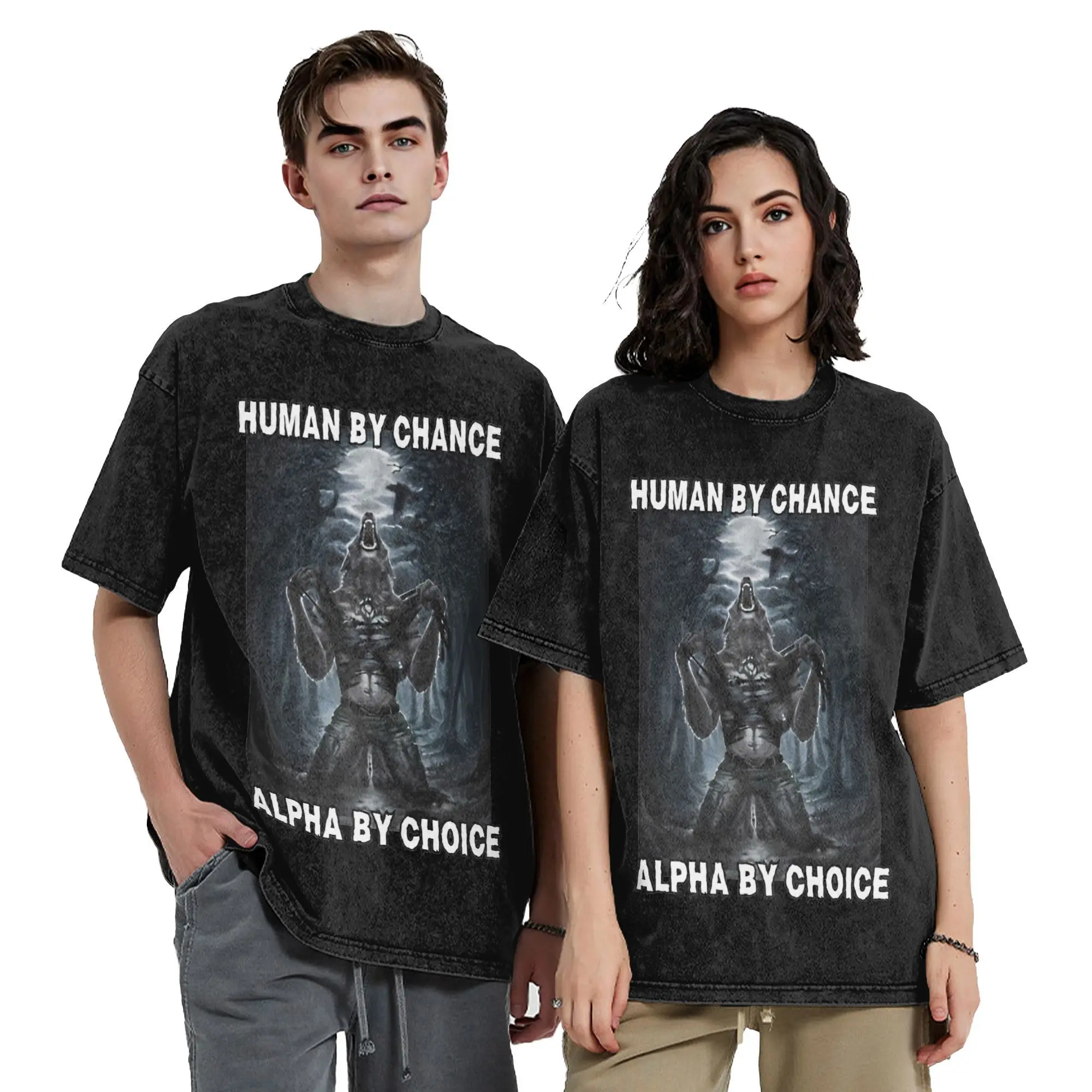 

Human By Chance Alpha By Choice Wolf Vintage Washed T-Shirts Vintage 100% Cotton Tee Shirt Short Sleeve T Shirts Party Clothing
