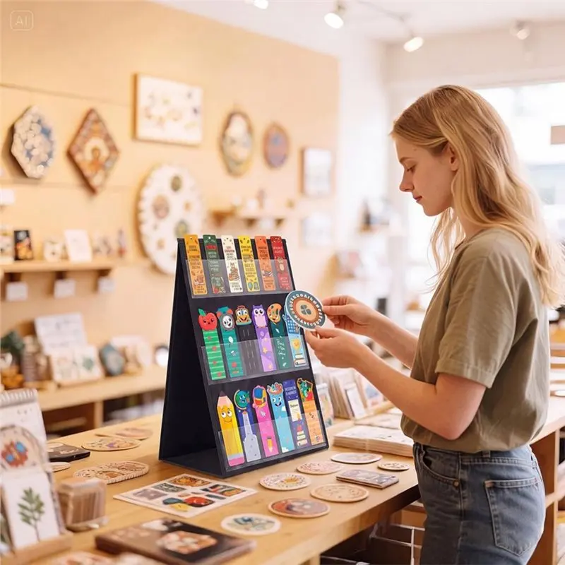 LLCS-Portable Desktop Holder 3-Tier Double-Sided Bookmark Display Stand, 6-Pocket For Bookmarks, Black Desktop Display Rack