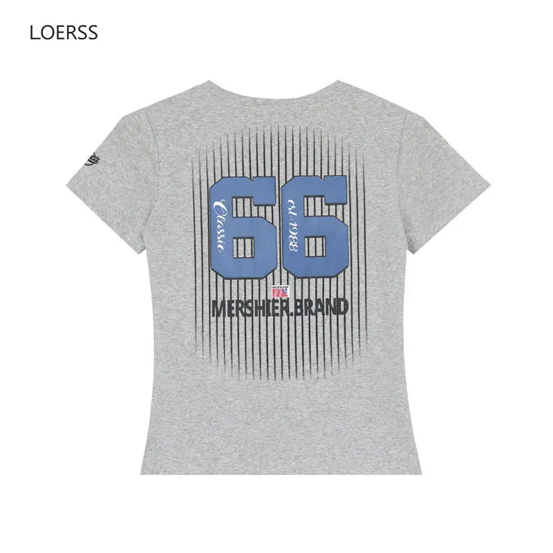 LOERSS Letter Printed T-shirt Stripe Vintage Crop Top for Women's Hot Gril Slim Short Sleeve Y2K Harajuku Tops Cotton Short Tee