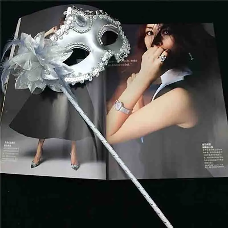 Women Handheld Masquerade Masks White Lace Veil Translucent Half Face Mask On Stick Side Feather Flower Festival Costume Party