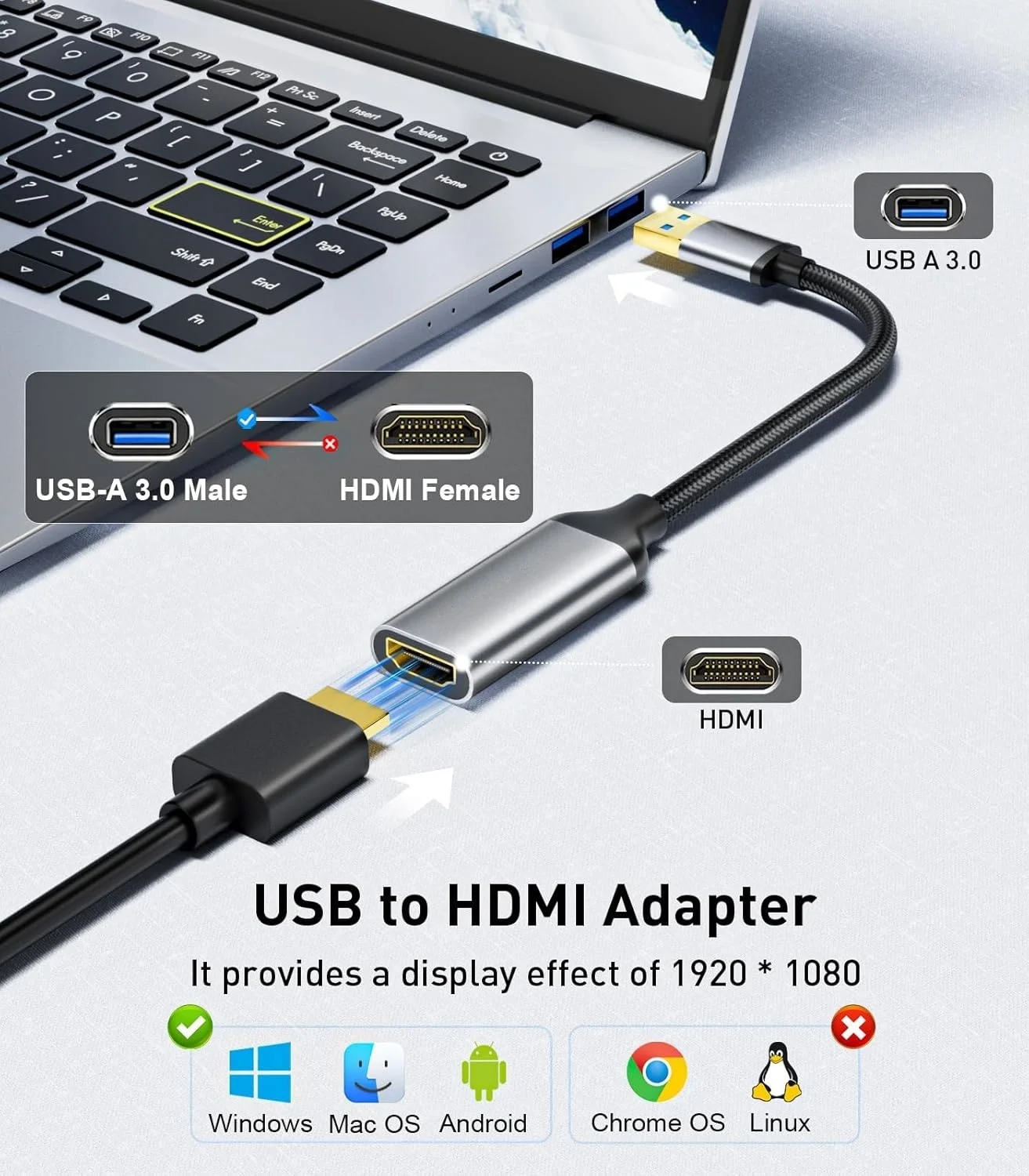 5PCS USB 3.0/2.0 Male To For HDMI Female Adapter 1080P 60Hz Multi-Display Cable Converter Jacket TPE & PVC For Window XP/7/8/10/