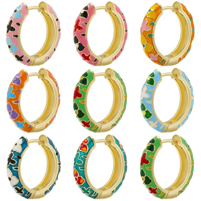 ZHUKOU Retro Little Daisy Hoop earrings Gold color enamel Hoops women Colorful women Round huggie earrings wholesale VE843 