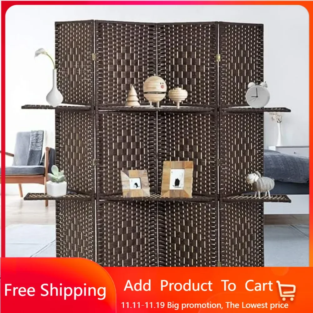 6 Ft Wood 4-Panel Room Divider and Folding Privacy Screen with 2 Tier Display Shelves, Decorative Screen Freestanding , Brown