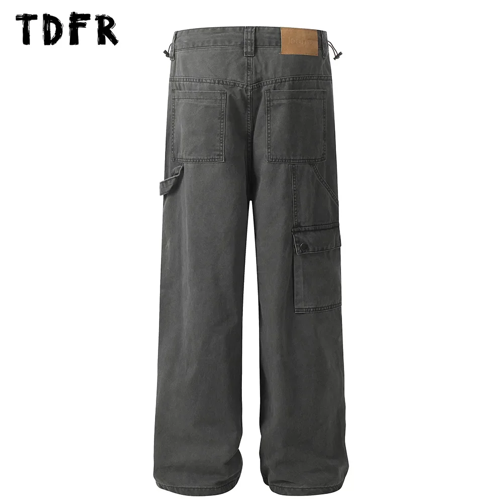 Zipper Decoration Cargo Jeans Mens Spliced Pocket Washed Distressed Loose Straight Wide leg Drawstring Carpenter Pant Men