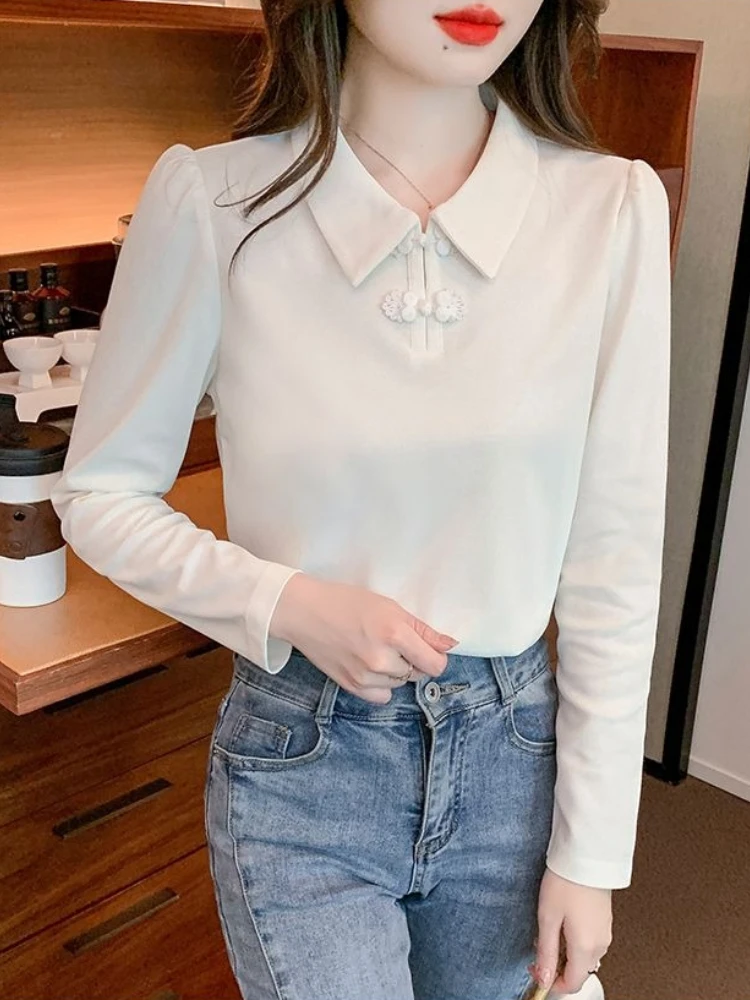 2026 delle nuove donne di stile cinese colletto polo T-shirt rana bottone foderato in pile manica lunga caldo top termico per l'autunno inverno