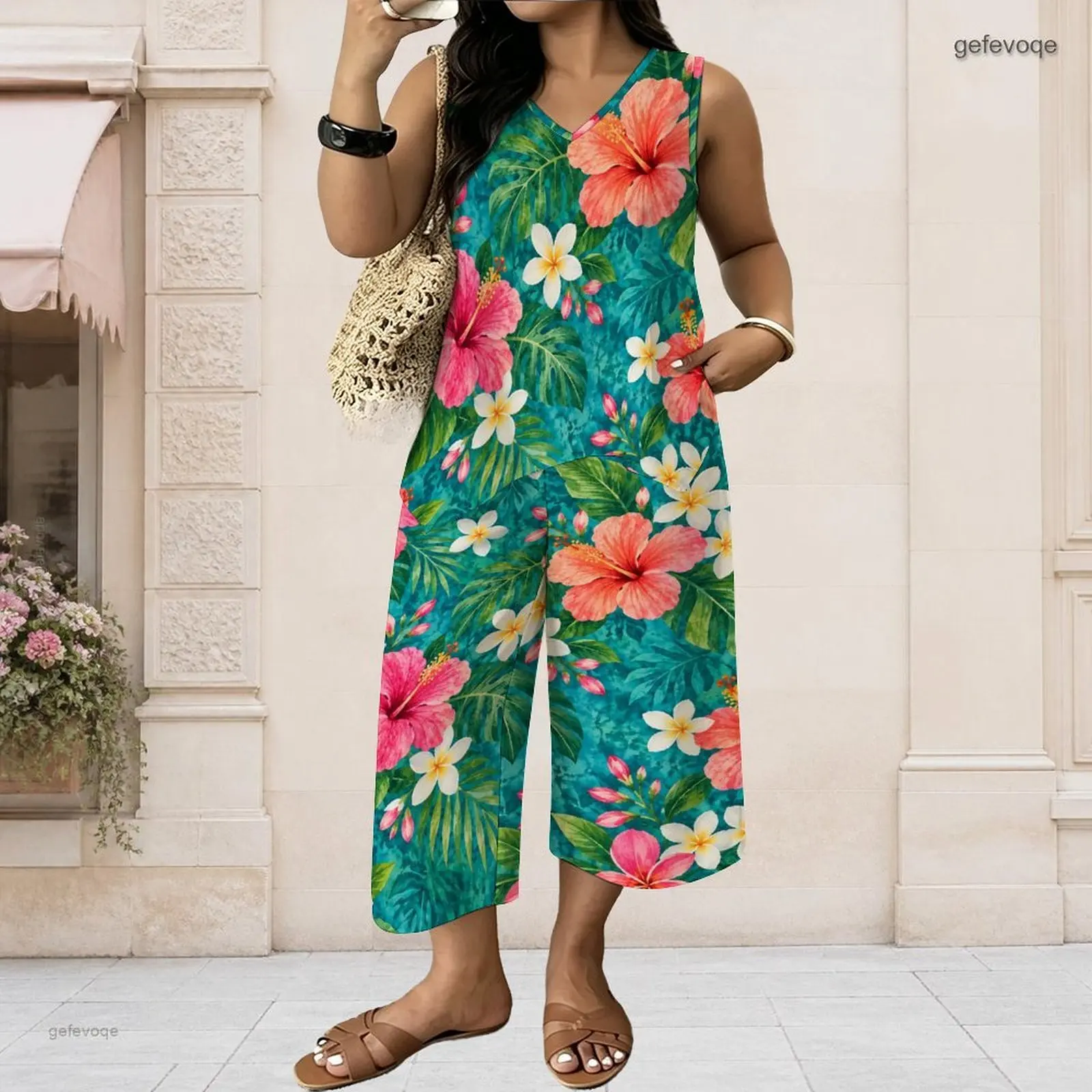 Women Floral Printed V Neck Sleeveless Asymmetric Top Wide Leg Cropped Pants Two Piece Set