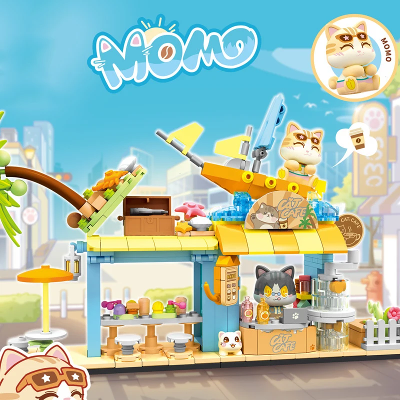 SEMBO Cat Coffee Shop Architecture Model Assemblage Building Blocks Kits MOC Creative City Streetscape Bricks Girls Gifts Toys