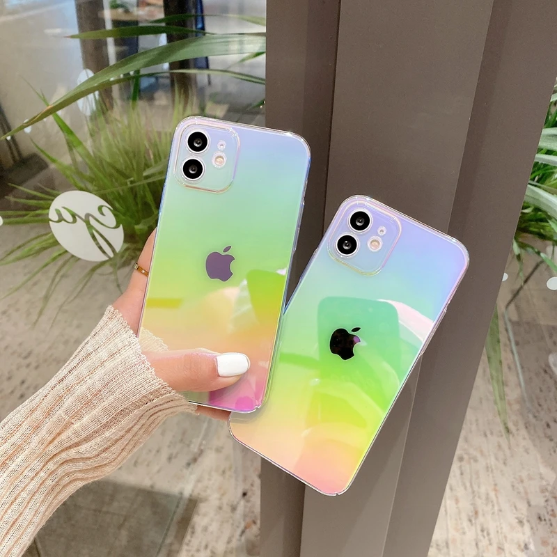 Fashion Rainbow Laser Phone Case For iPhone 11 12 13 14 Pro Max XS X XR 7 8 Plus Mini SE 2020 Luxury PC Bumper Back Cover