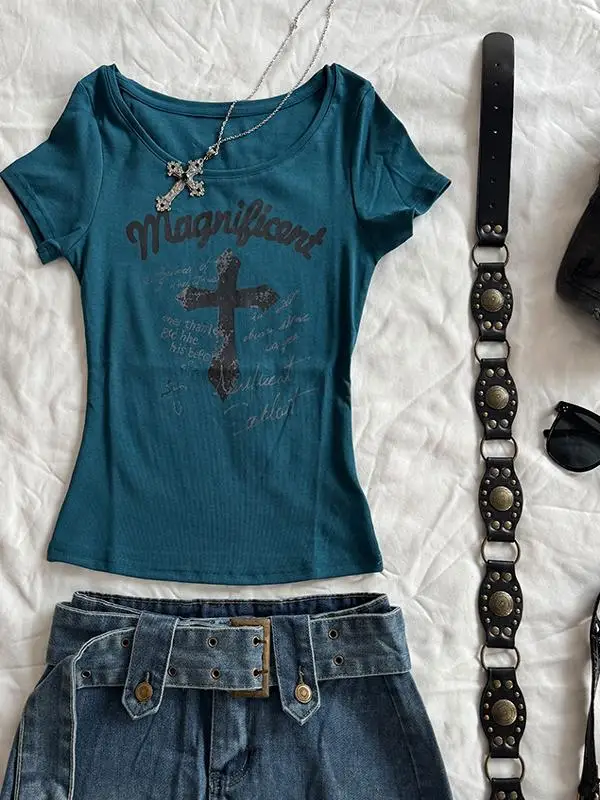 Gothique Rose Bleu Imprimé Coupe Slim Or Sve T-irt Femme Américain Rétro Sle Haut Décontracté Quali Polyester Coton Mélange