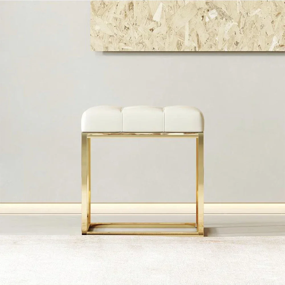 

#Modern luxury beige leather tufted vanity table stool chair ottoman metal small side stools stainless steel stools ottomans