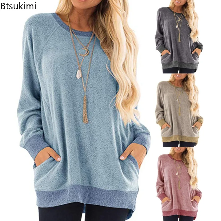 

Women's Autumn Winter Casual Color Block Long Sleeve O-Neck Pockets Sweatshirts Tops Loose Simple Pullover Versatile T-Shirts
