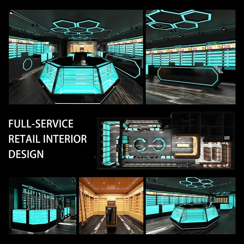 Custom Unique Led Lighting Tobacco Display Cigar Wooden Furniture Smoke Commercial Showroom Cigar Shop Design Hot sales