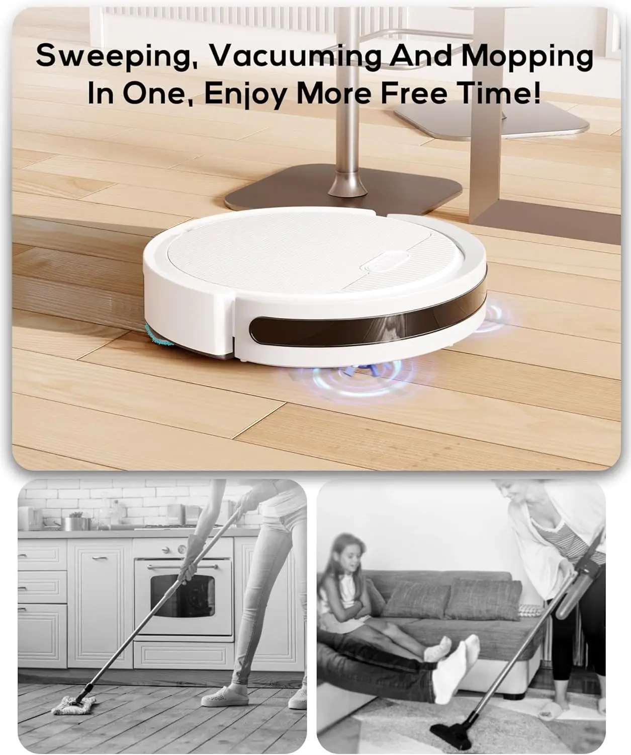 Robot aspirapolvere e scopa V3, pulitore combinato 3 in 1 per la casa con peli di animali domestici e pavimenti duri, aspirazione 5000 Pa, tempo di funzionamento di 120 minuti