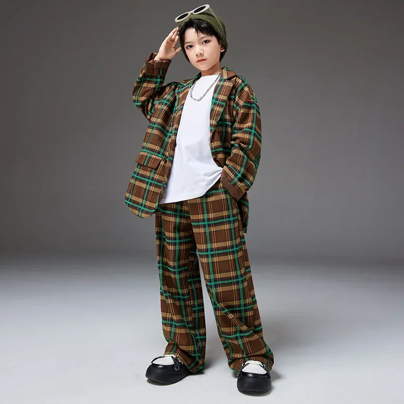 Street Dance Costumes for Kids Children Plaid Hip Hop Suit Blazer Jacket Baggy Pants Modern Kpop Outfits Boys Girls Stage Sets