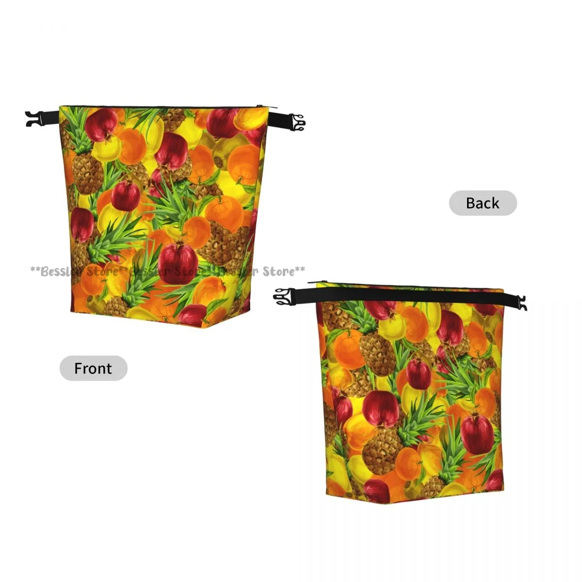 Foldable Roll-Top Thermal Lunch Bag Tropical Fruits Pattern Insulation Lunch Box Carrier for Picnic Hiking