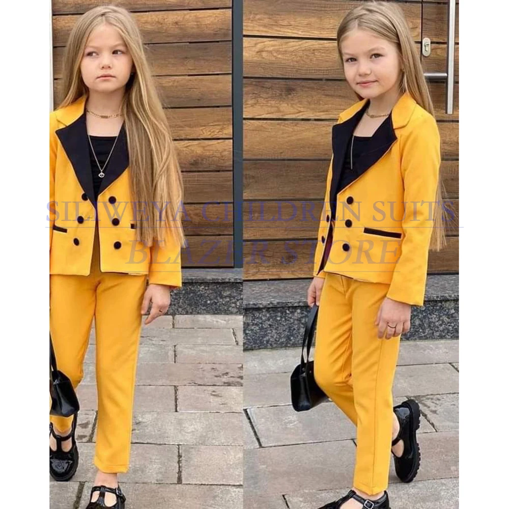 

Customzied Girls Clothing Yellow Double Breasted Notch Lapel Sets Elegant Kids 2 Piece Jacket Pants Outfits Formal Children Set