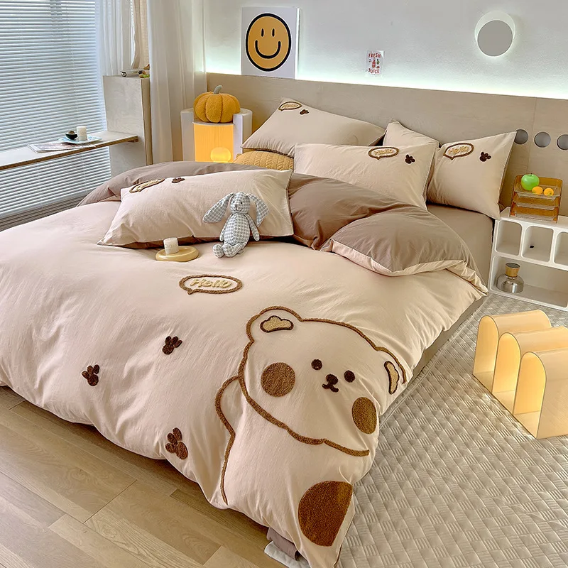 Cute cartoon style~A-class mother and baby all cotton bed four piece set, 60 thread pure cotton embroidered duvet cover, bed she