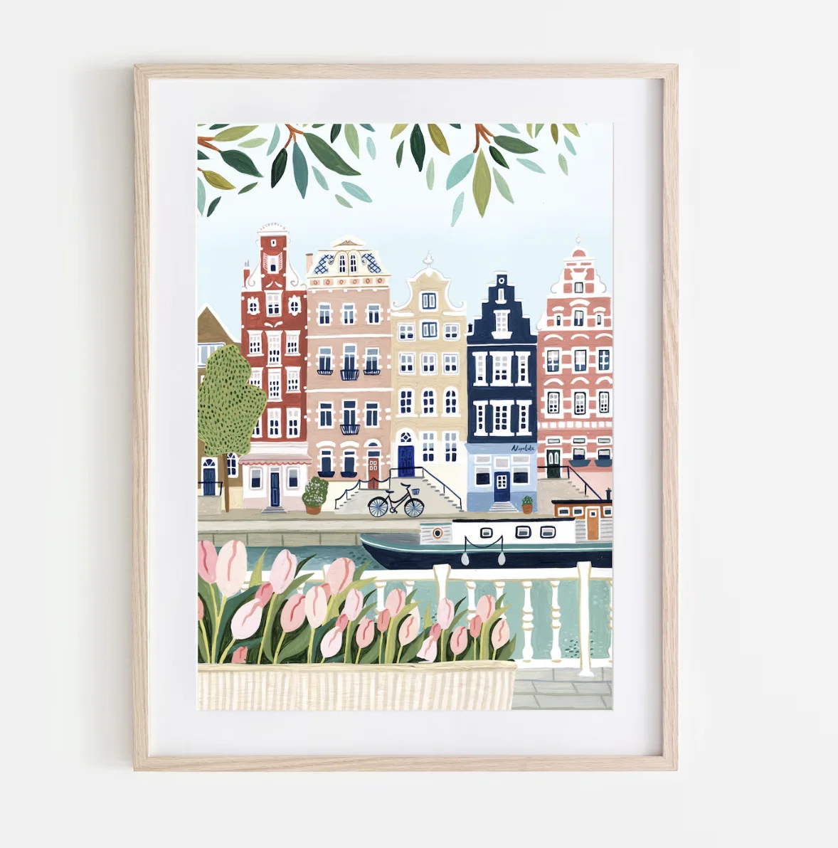 Amsterdam Canal Tulip Town Wall Art Canvas Prints Decor, Dutch Colorful House Bicycle Poster for Living Room, Cafe, Cottage Home