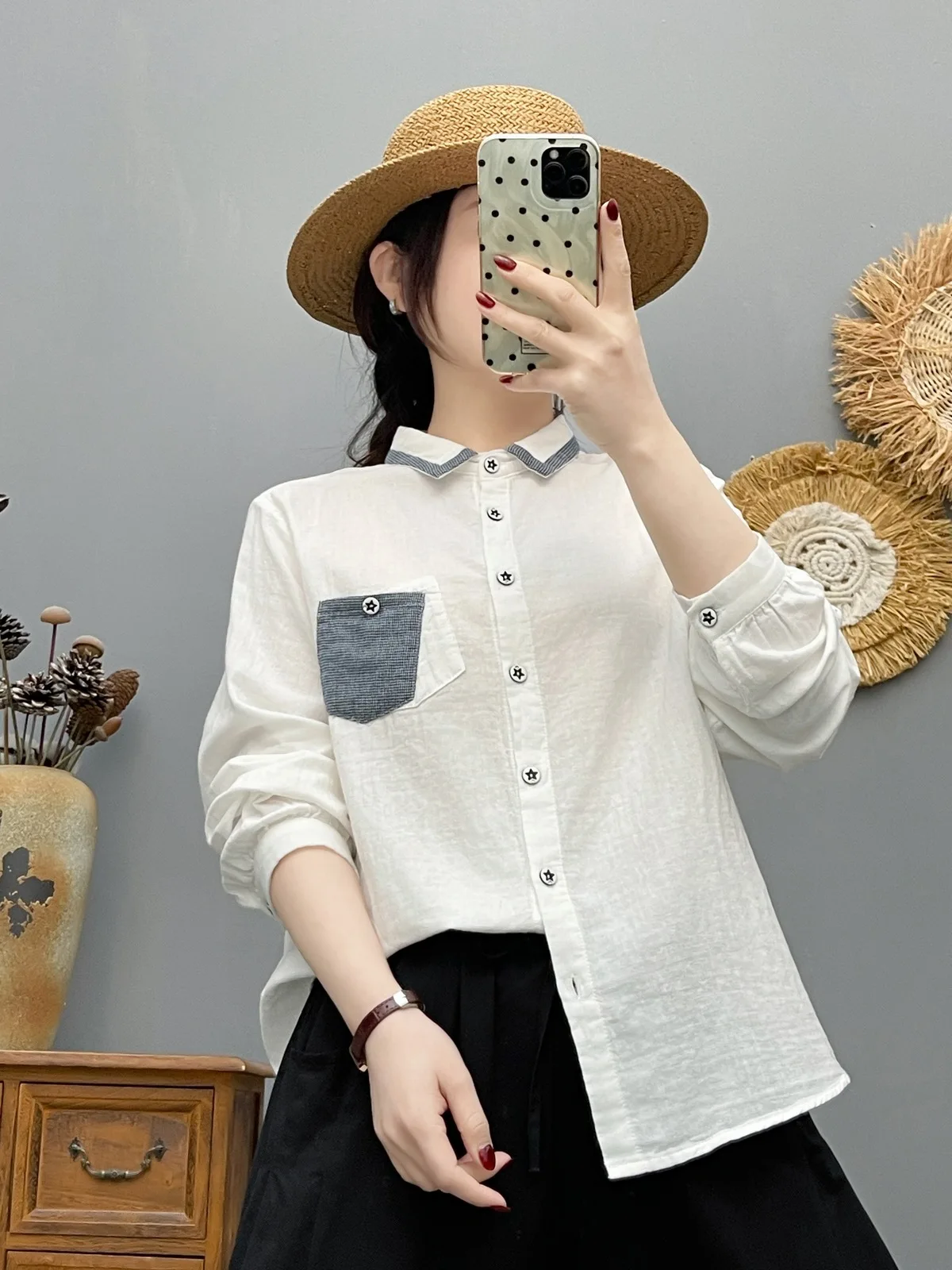 

New 2026 Spring Women Cotton Yarn Long Sleeve Shirt, Lapel Pocket Patchwork, Mori Girl French Casual Thin Loose Blouse T63983CC
