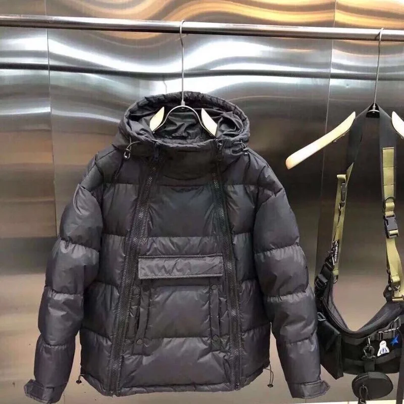 Jaqueta tática com zíper duplo, parkas com capuz, casaco de algodão masculino de inverno, pulôver preto, jaquetas acolchoadas brilhantes, casual, quente, roupa externa