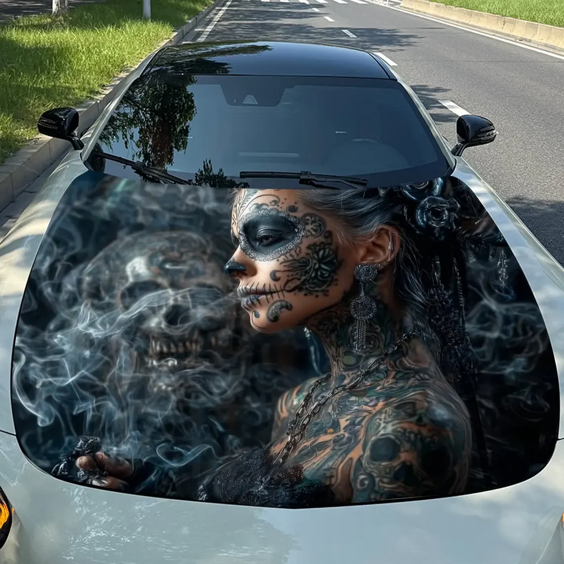 The Wicked Woman In The Smoke Car Hood Decal - Durable PVC Vinyl Wrap For Engine Protection, Stylish Pattern & Bold Design, Perf