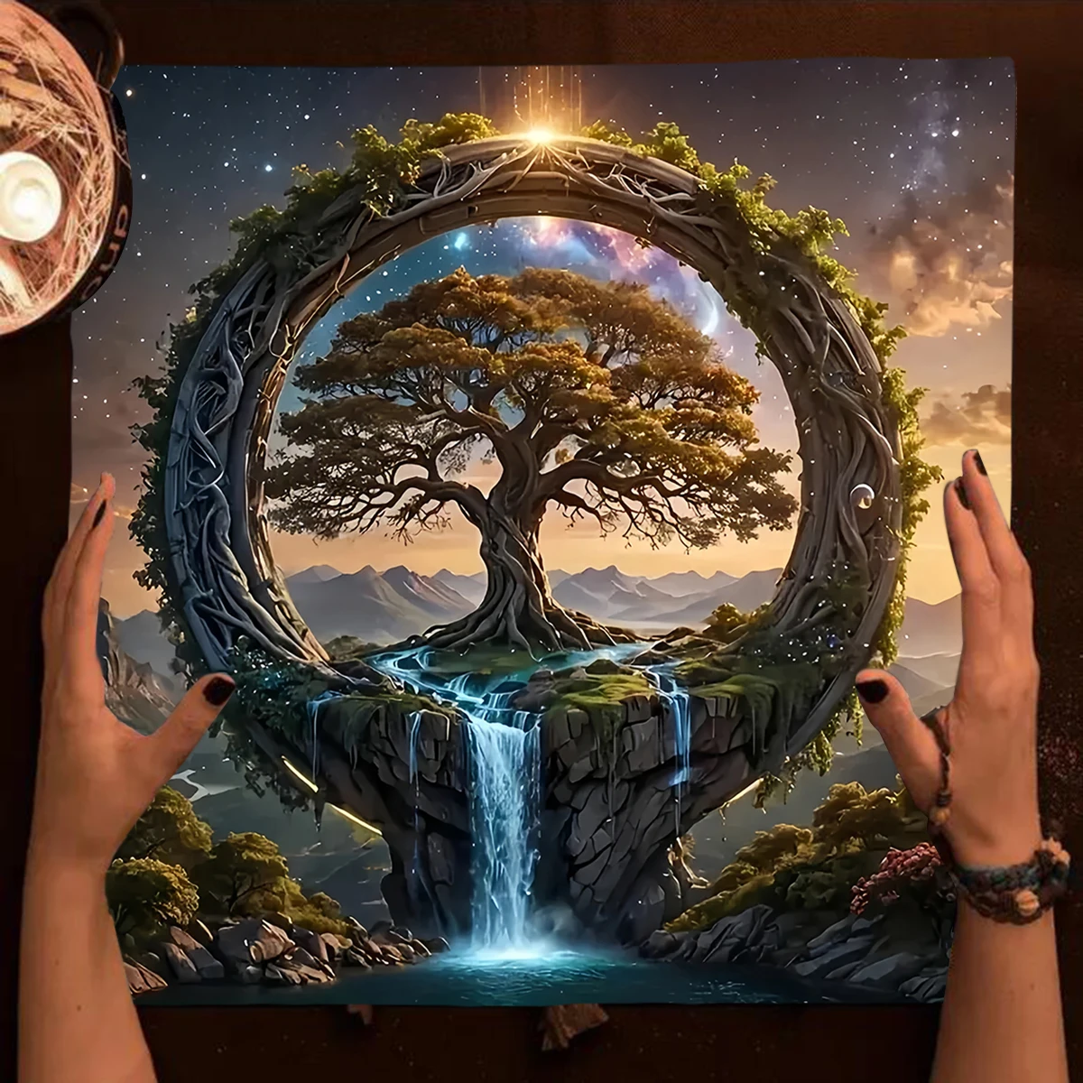 50/75cm Tree Of Life Tarot Card Tablecloth Starry Sky Lake View Altar Cloth Polyester Witchcraft Pagan Divination Witch Home