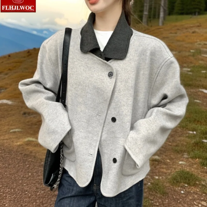 

Woolen Cloth Coats Winter New Year Cute Girls Preppy Style Casual Patchwork Fake 2-Piece Design Button Short Jackets Outerwear