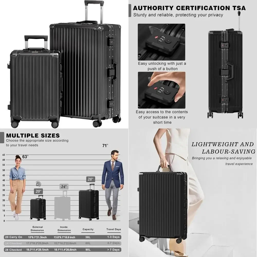 Aluminum Frame Carry-On & Checked Suitcase Set - PC ABS Hard Shell TSA Lock No Zipper, Black, 20/28 Inch Luggage