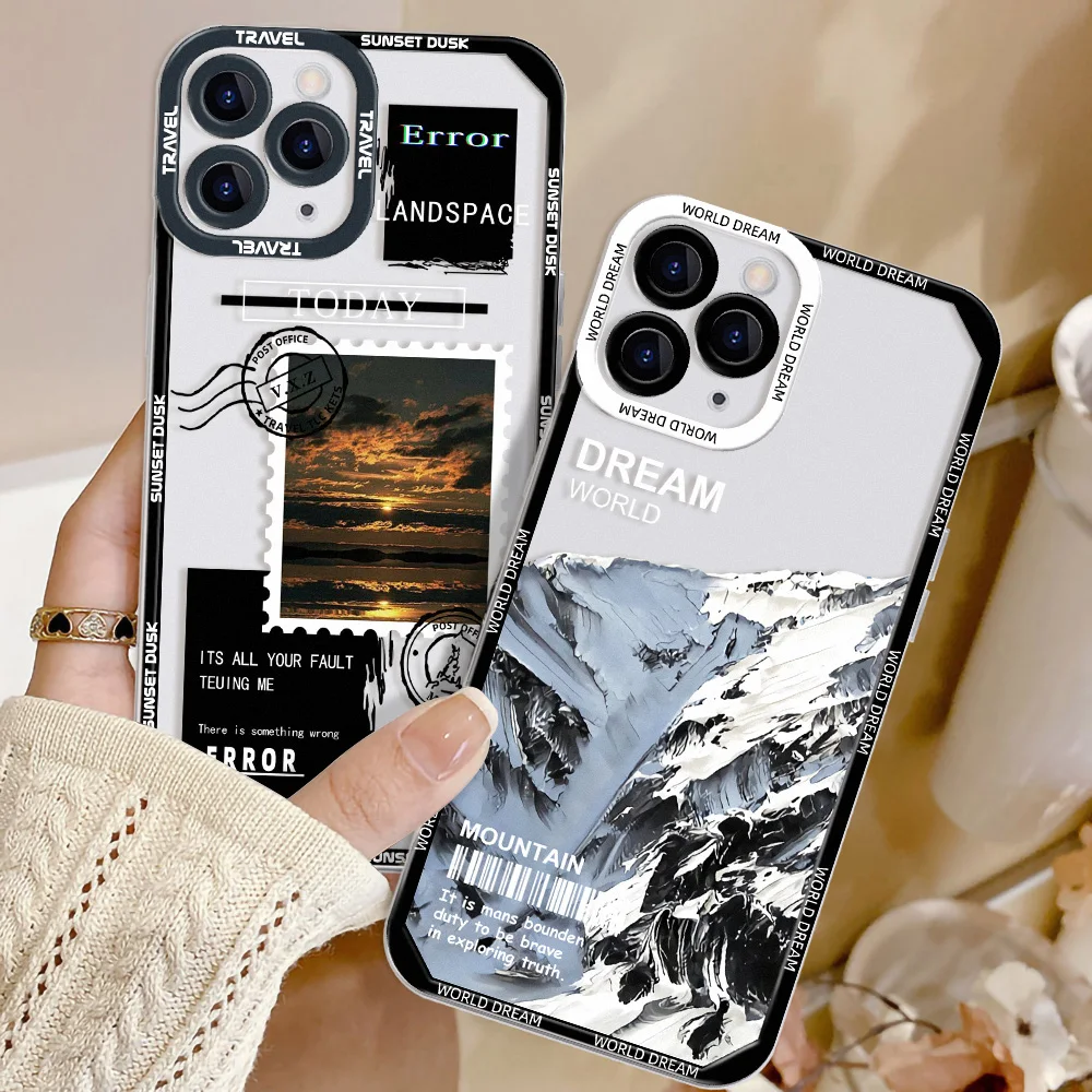 For iPhone 15 Pro Case Phone Case For iPhone 11 Case iPhone 12 13 Mini 14 Pro Max XR XS 7 8 Plus SE Landscape Stamp Label Cover