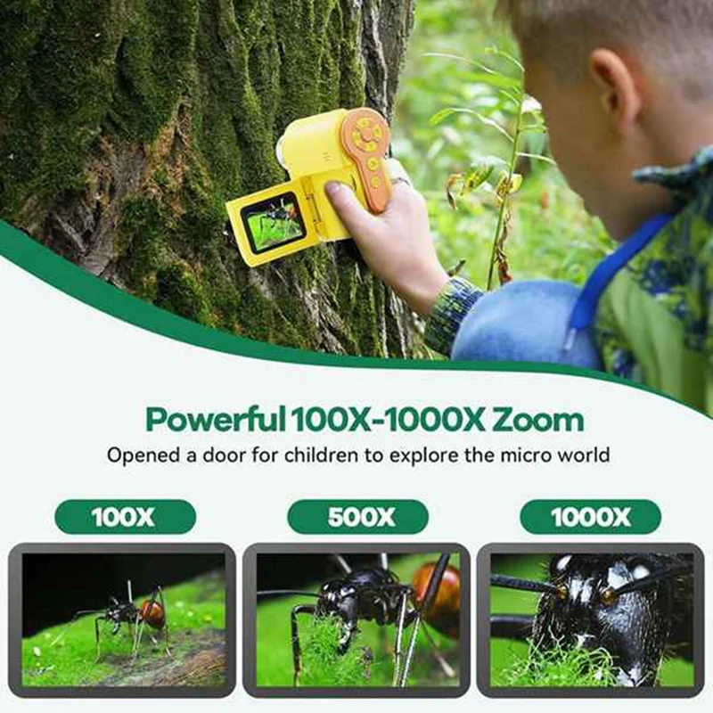 Microscopio para niños, microscopio de mano 1000X con pantalla HD para niños con luces LED ajustables para niños