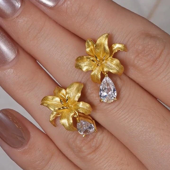 

PONYKISS 925 Sterling Silver 18K Gold Zircon Water Drop Flower Stud Earrings for Women Plant Fine Jewelry Vintage Accessories