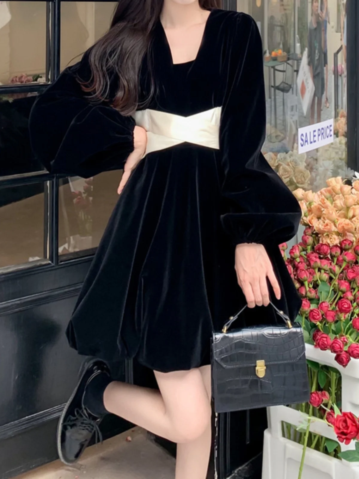 Abito in Velluto con Grande Fiocco e Cintura per Donna, Nuovo Stile Primaverile, Maniche Lunghe, Stile Principessa, Dolce ed Elegante