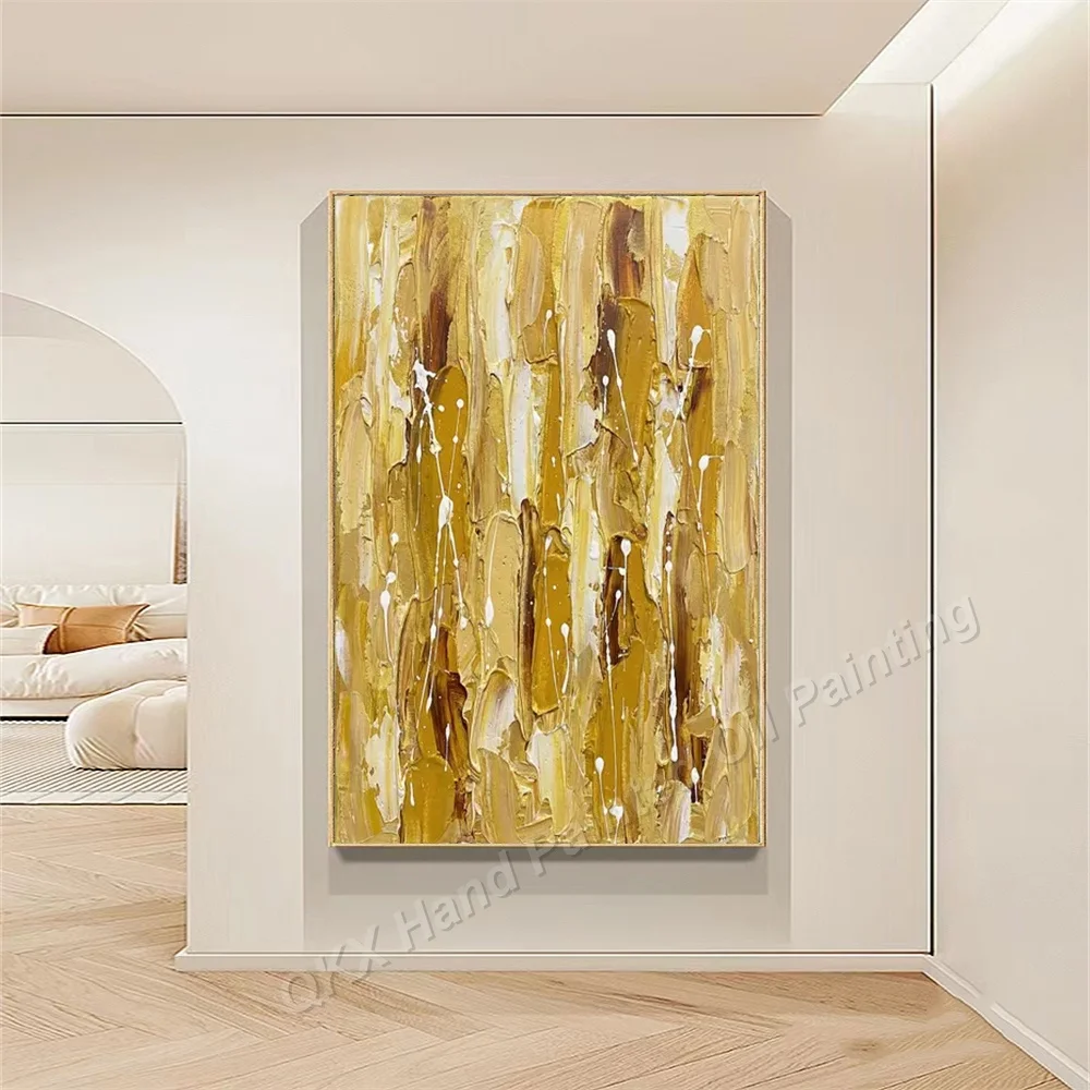 Gold Brown Vertical Stripe Hand-Painted Oil Painting on Canvas - Splatter Impasto Wall Art Decor for Living Room