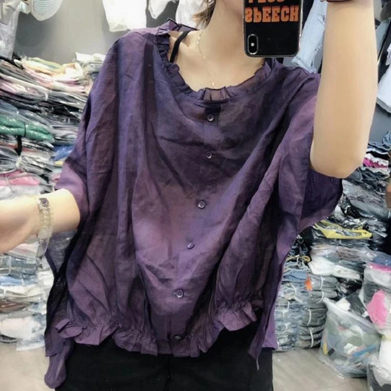 Fashion O-Neck Ruffles Batwing Sleeve Irregular Shirts Women\'s Clothing 2024 Summer New Loose Korean Tops Asymmetrical Blouses