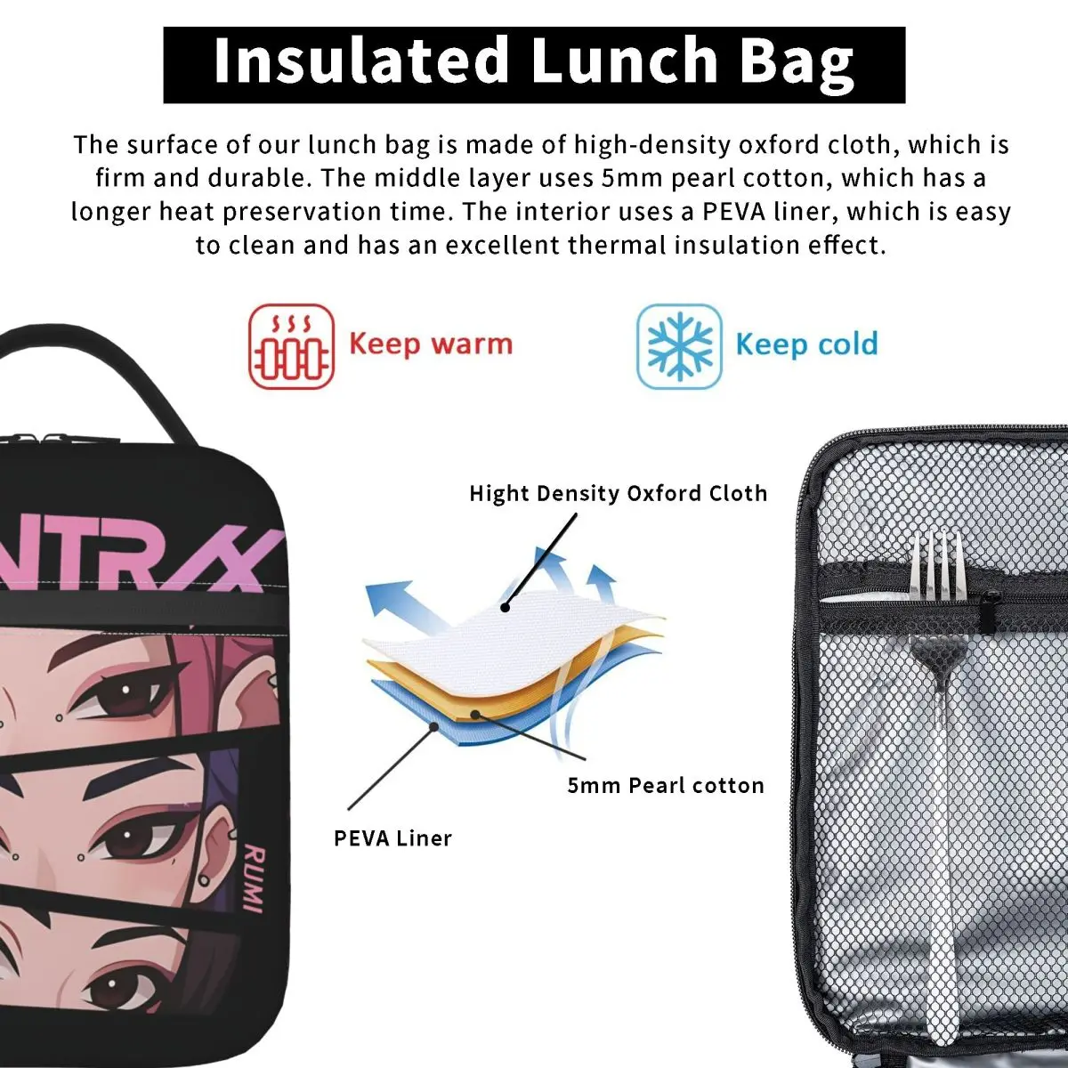Huntrix-Bolsa de almuerzo para niñas, fiambrera Retro Kpop Demon Hunters, bolso de mano térmico con cremallera de viaje, bolsa refrigeradora Oxford
